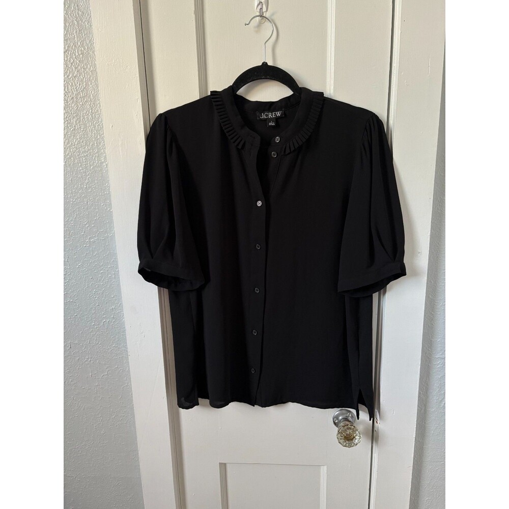 J.Crew L Black Pleated Ruffle Collar Puff Sleeve Button Up Front Top Office Wear